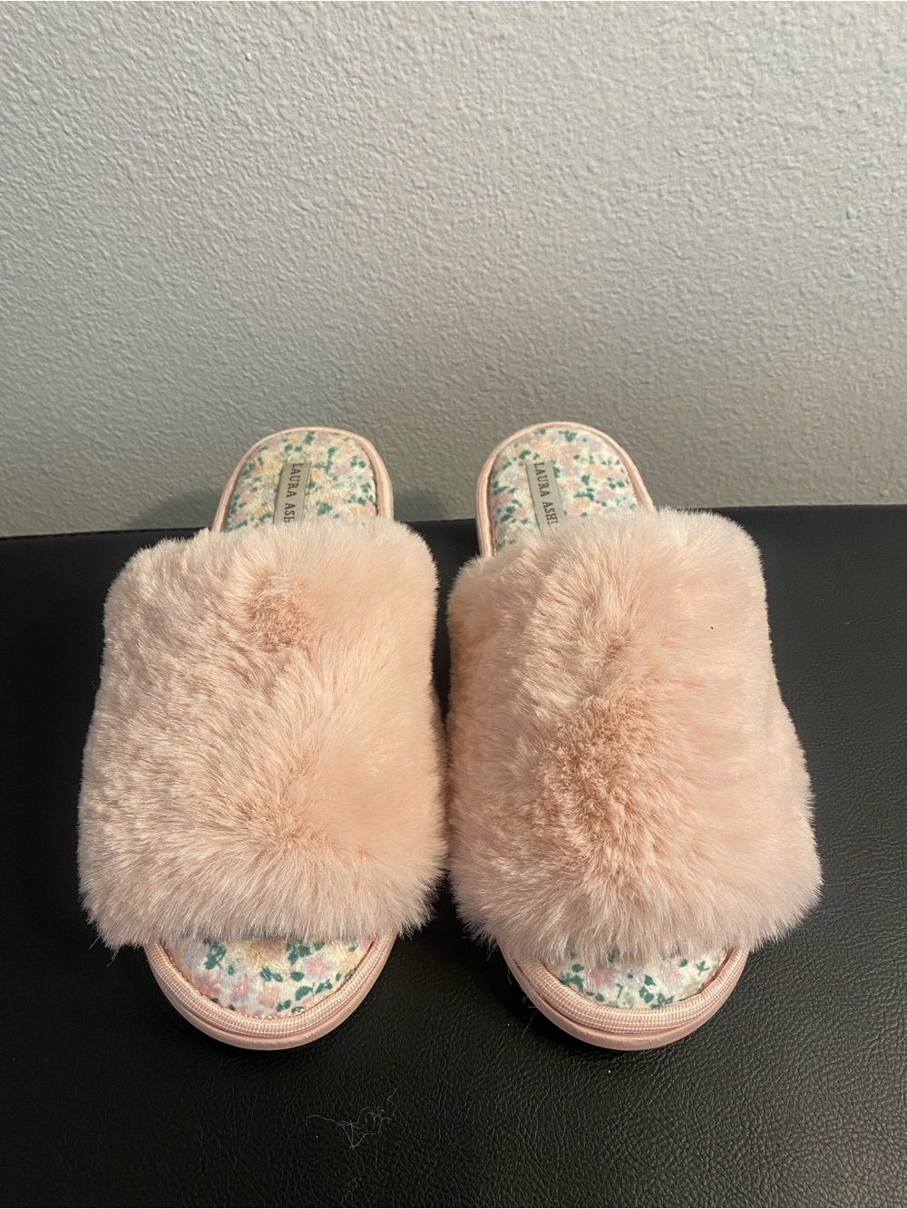 Laura Ashley Plush Faux Fur Slide Slippers - Light Pink
